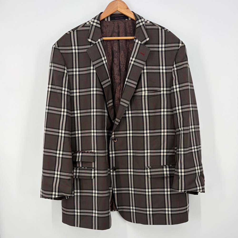 Tayion Blazer Fitzgerald Notch Plaid Wool Silk Paisley Lining Brown 52L Italian